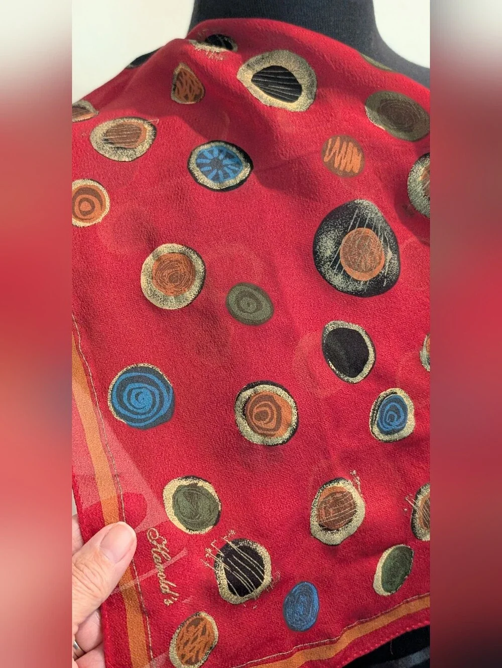 Red Silk Scarf with Multicolor Circle Motif